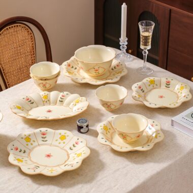 Yellow cream floral ceramic crockery dinner sets for home