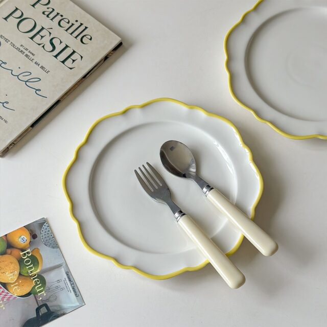 Minimalist yellow rim ceramic crockery plates for steak