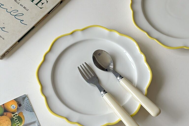 Yellow Rim Crockery Steak & Dessert Plates (1) Minimalist yellow rim ceramic crockery plates for steak