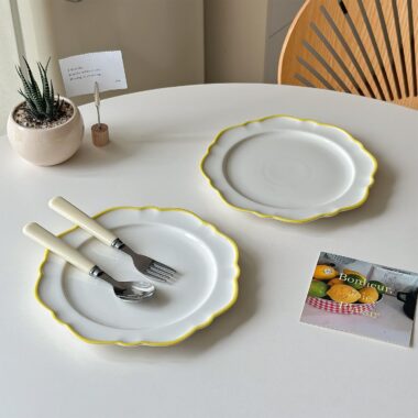 Minimalist yellow rim ceramic crockery plates for steak