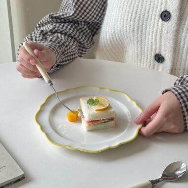 Minimalist yellow rim ceramic crockery plates for steak