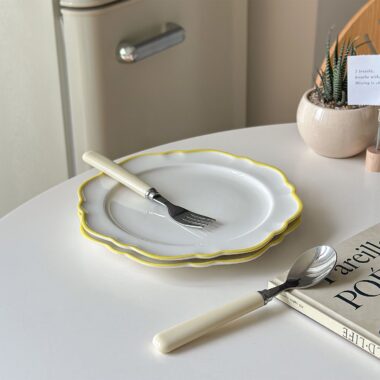 Minimalist yellow rim ceramic crockery plates for steak