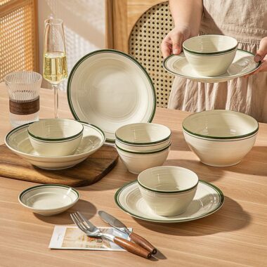 European minimal green rim ceramic crockery dinner sets