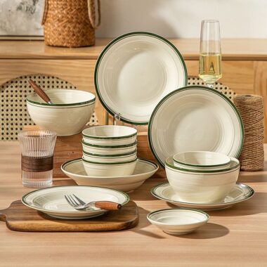 European minimal green rim ceramic crockery dinner sets