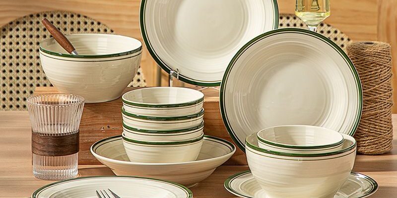European minimal green rim ceramic crockery dinner sets