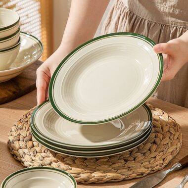 European minimal green rim ceramic crockery dinner sets