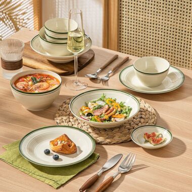 European minimal green rim ceramic crockery dinner sets