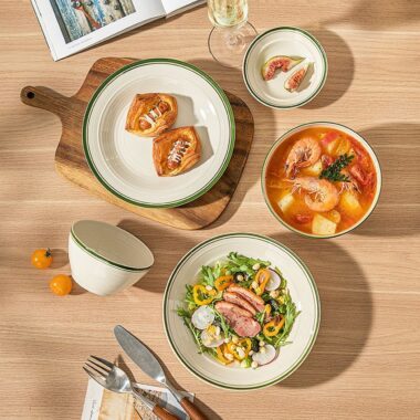 European minimal green rim ceramic crockery dinner sets