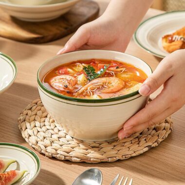 European minimal green rim ceramic crockery dinner sets