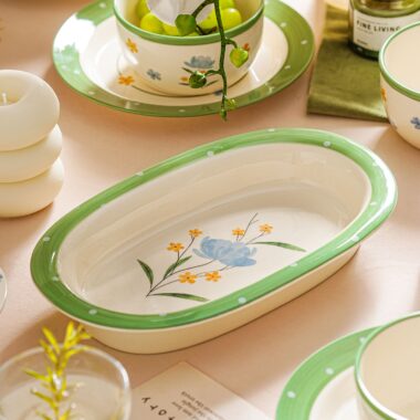 Floral green rim ceramic crockery dinner sets for home
