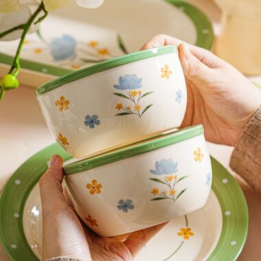 Floral green rim ceramic crockery dinner sets for home