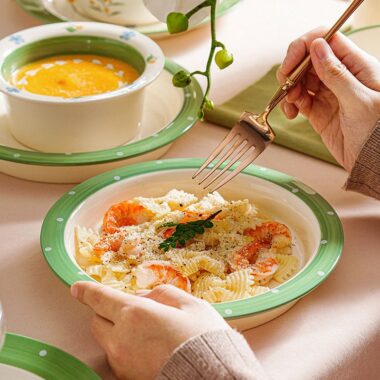 Floral green rim ceramic crockery dinner sets for home