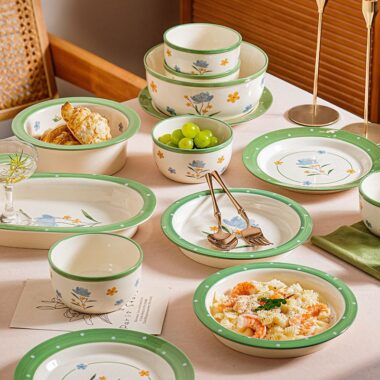 Floral green rim ceramic crockery dinner sets for home