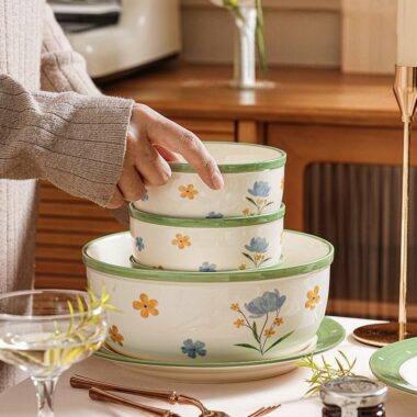 Floral green rim ceramic crockery dinner sets for home