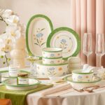 Floral green rim ceramic crockery dinner sets for home