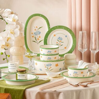 Floral green rim ceramic crockery dinner sets for home