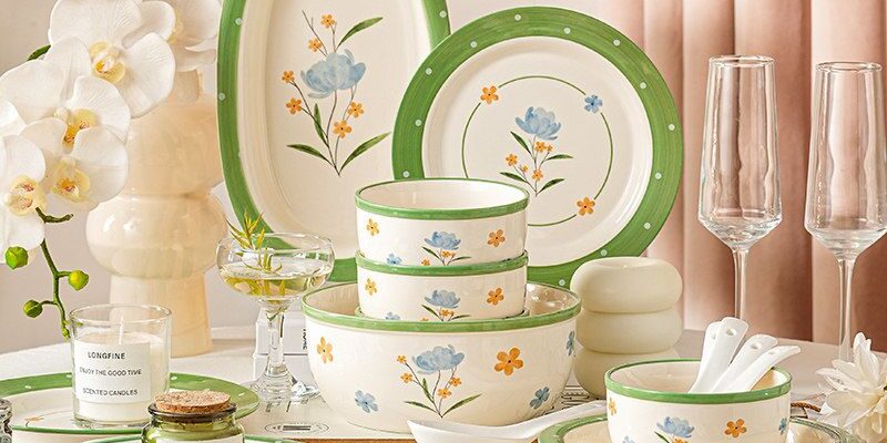 Floral green rim ceramic crockery dinner sets for home