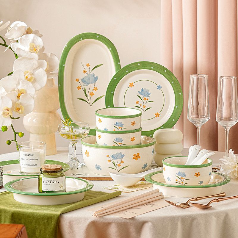 Floral green rim ceramic crockery dinner sets for home