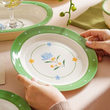 Floral green rim ceramic crockery dinner sets for home