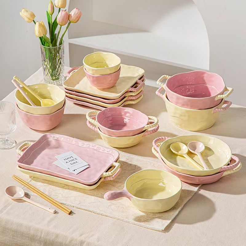 French creative double handle crockery dinner sets for home dining